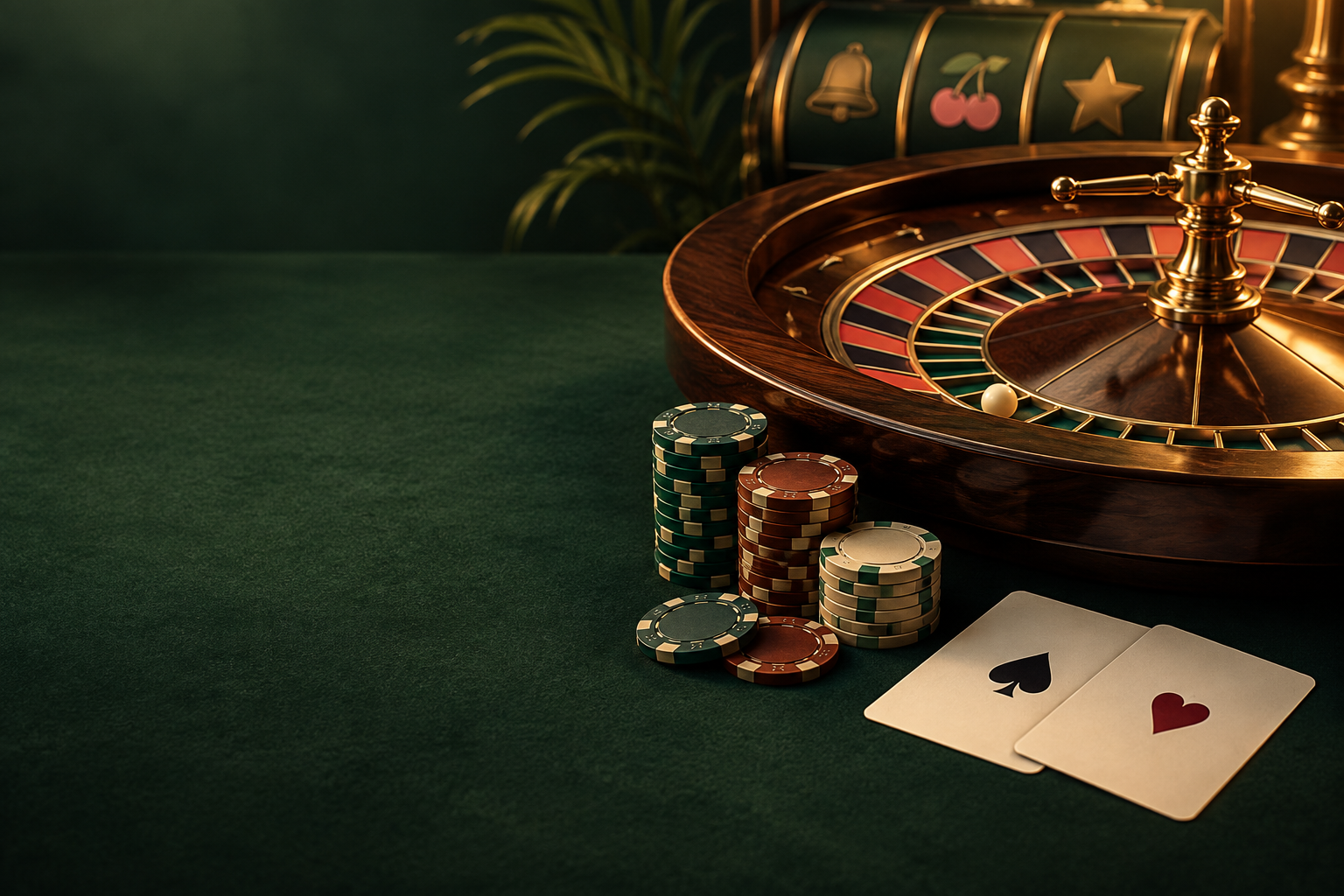 Ilustrasi meja roulette, kartu, dan chip kasino.